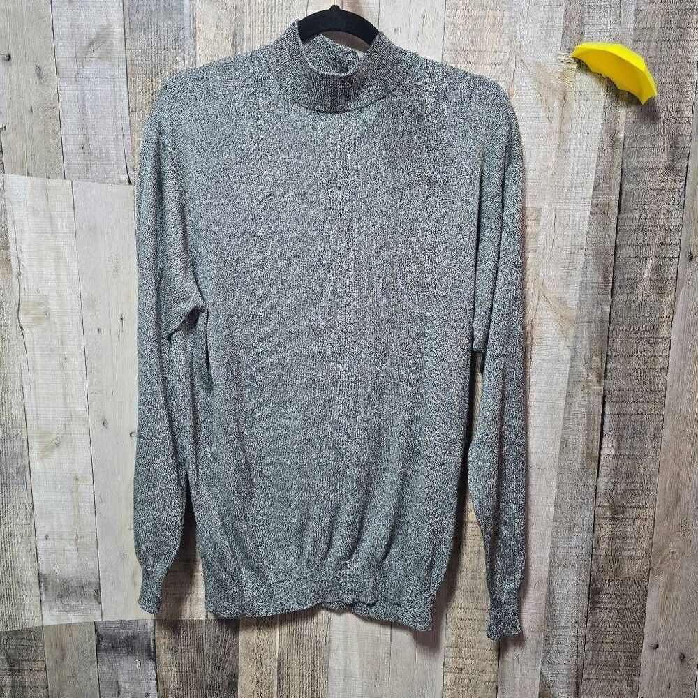 Kevoman Vintage Grey Heathered Knit Turtleneck 4-Ply Silk Sweater Large